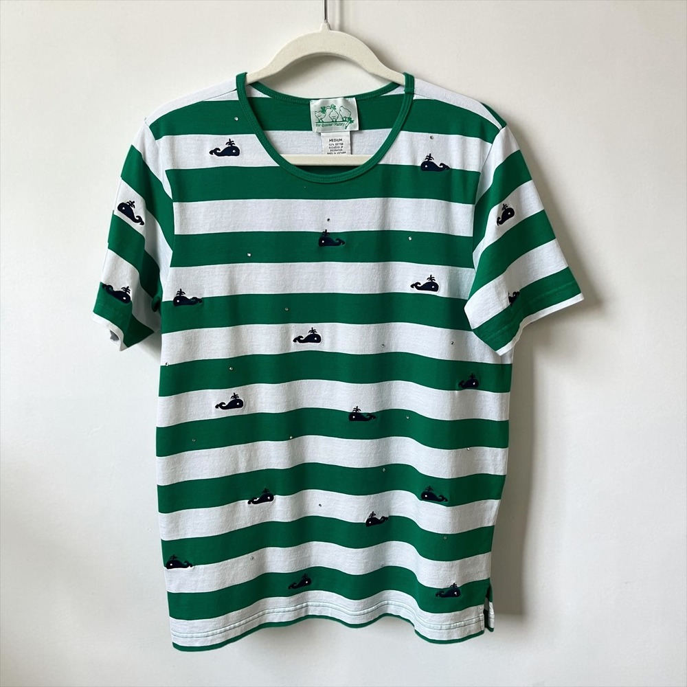 Quacker Factory Rugby Striped Top Women's Medium Green White Whales Preppy Tee